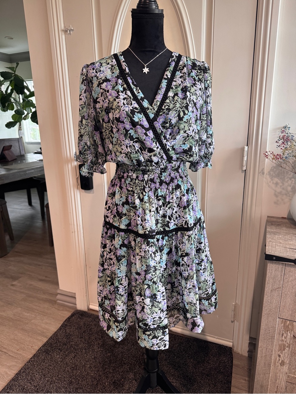 Taylor Lavender and Mint Floral Wrap Dress with Black Trim